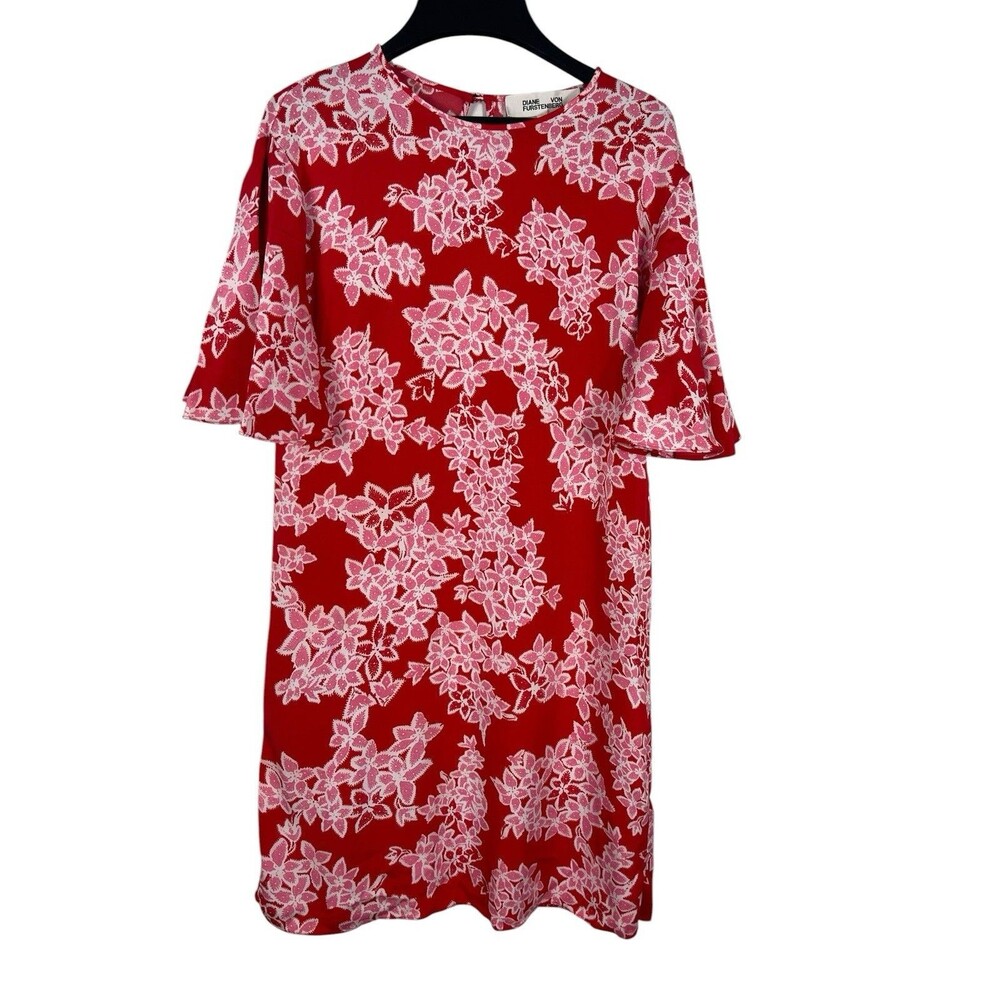 Diane Von Furstenberg Dress S Red Pink Floral Silk Blend Bell Sleeve 60s Mod